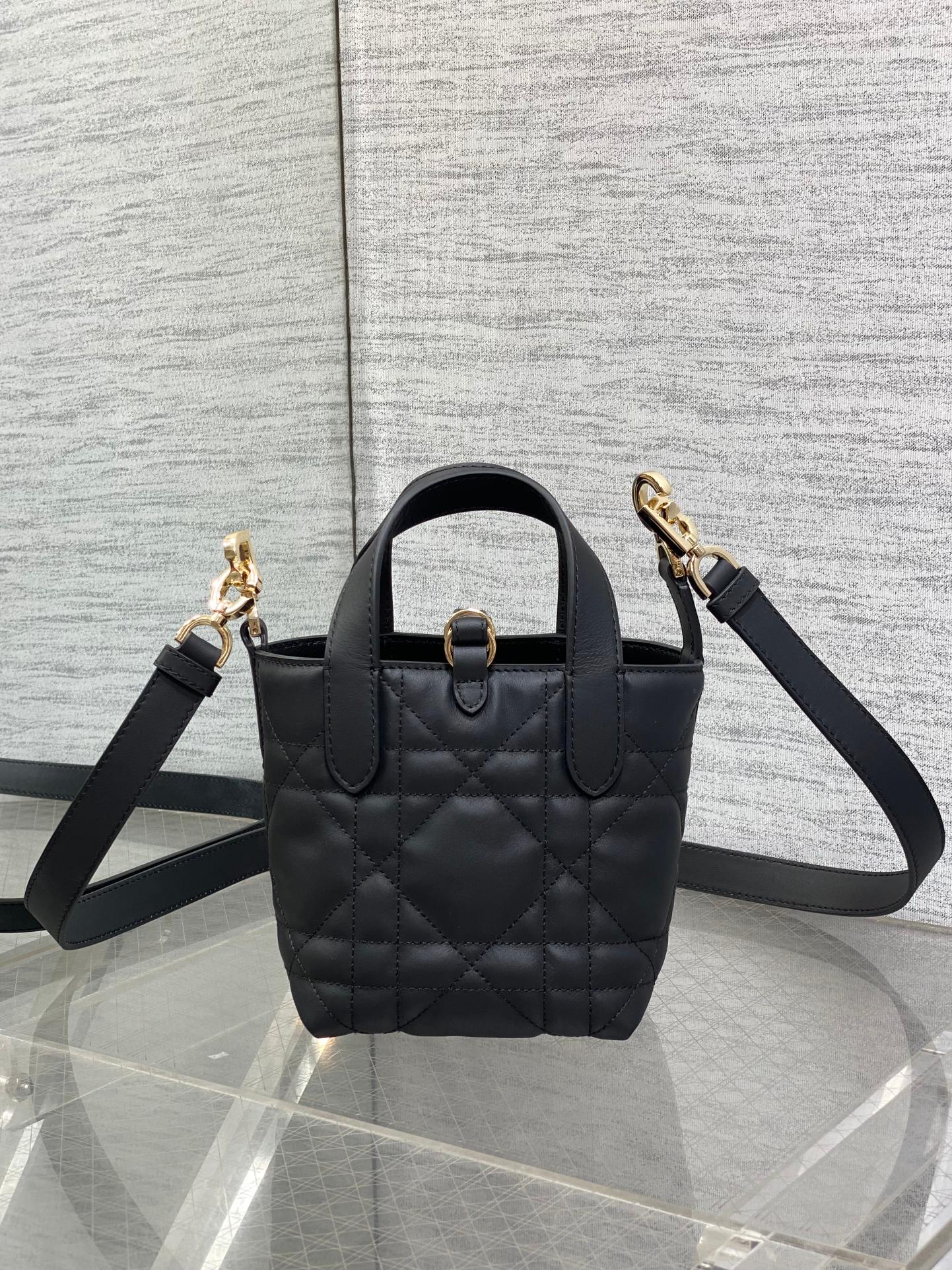 Black quilted leather Dior mini tote with shoulder strap and gold-tone clasp detail