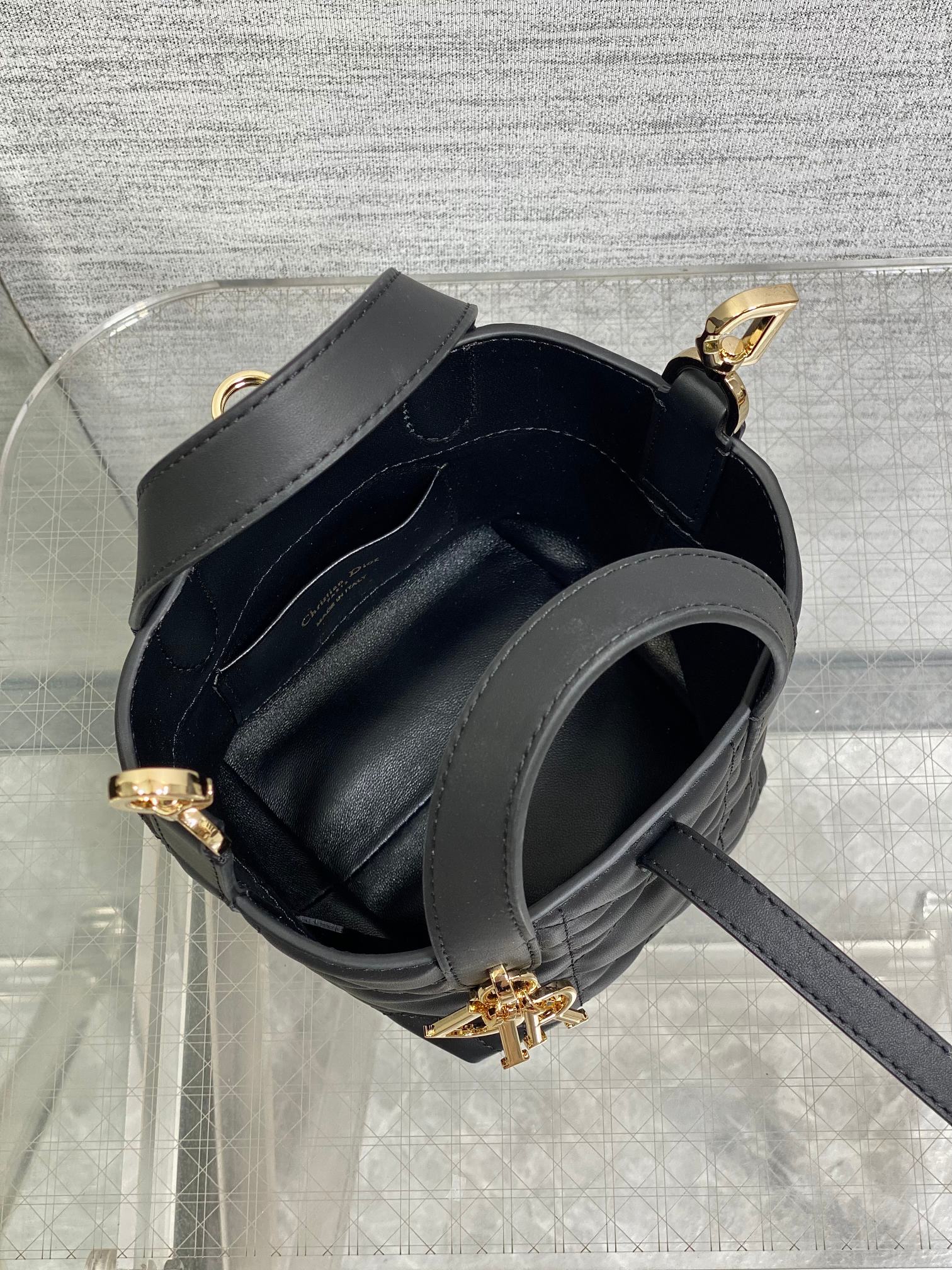Black Dior mini tote interior with gray strap and gold-tone buckle closure