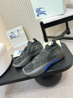 Burberry knit sneakers with blue side stripe and patterned upper, lace-up