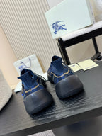 Burberry blue knit slip-on sneakers, heel view, blue sole and yellow stitching