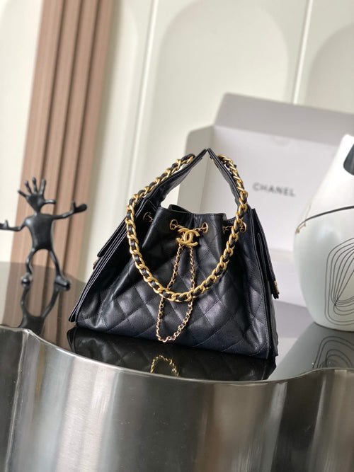 Chanel quilted leather shoulder bag, dark gray with gold chain strap