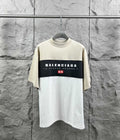 Color-block short-sleeve T-shirt with Balenciaga logo on chest, cream and dark navy
