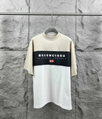 Color-block short-sleeve T-shirt with Balenciaga logo on chest, cream and dark navy