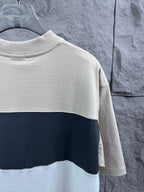 Color-block short-sleeve T-shirt, cream upper with navy stripe and white hem