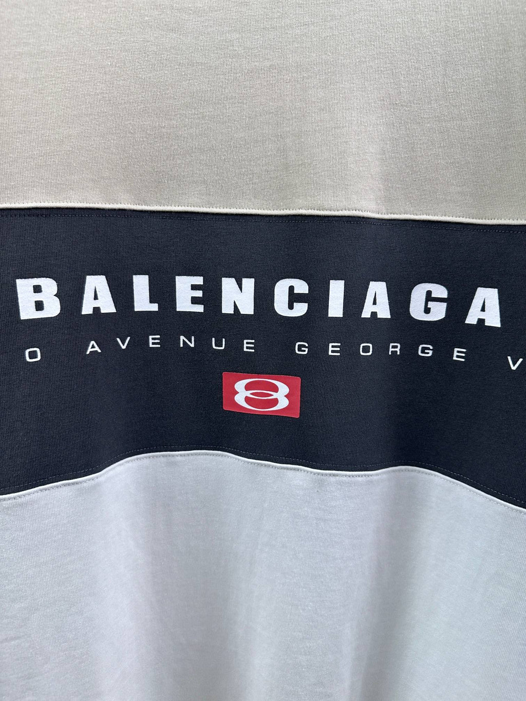 Balenciaga logo graphic on color-block T-shirt, white and navy stripe panel