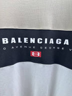 Balenciaga logo graphic on color-block T-shirt, white and navy stripe panel