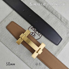 Belt with tan leather strap and black keeper, gold square buckle, top view