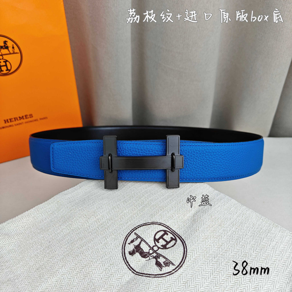 Blue leather Hermes belt with dark rectangular buckle, 38 mm width.