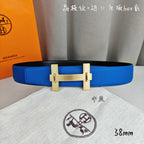 Blue leather Hermes belt with gold rectangular buckle, 38 mm width.