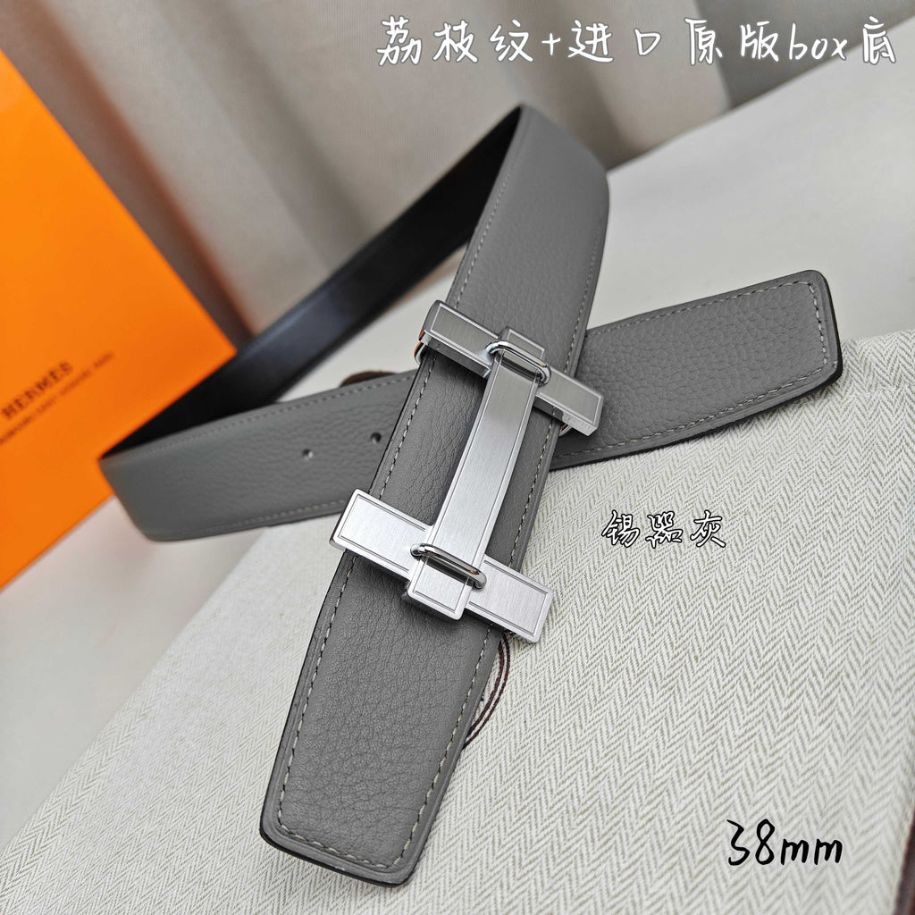 Light gray leather belt with silver-tone rectangular buckle in side view
