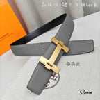 Light gray leather belt with gold-tone rectangular buckle in side view