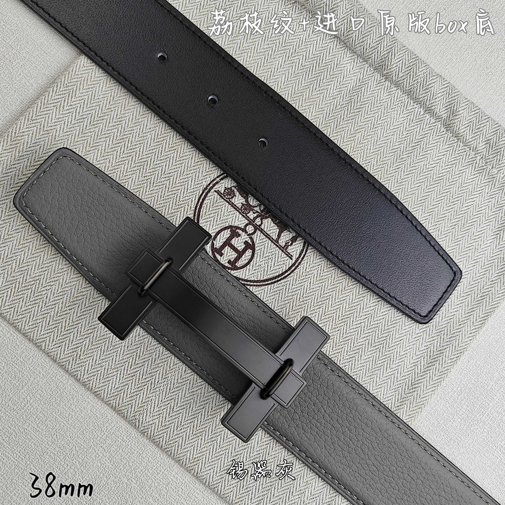 Dark gray leather belt with black-tone rectangular buckle and keeper loops