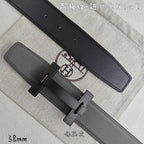 Dark gray leather belt with black-tone rectangular buckle and keeper loops