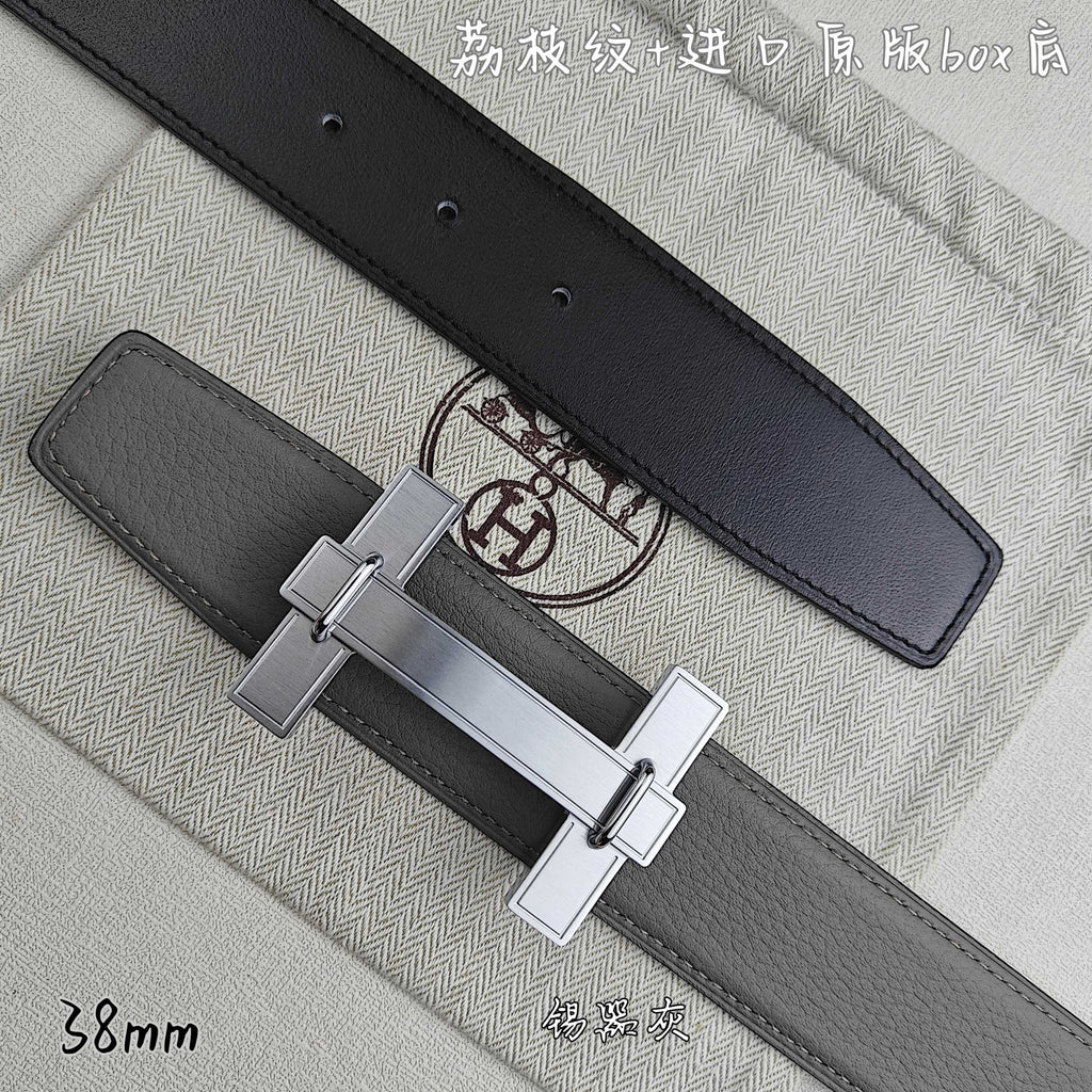 Dark gray leather belt with silver-tone rectangular buckle and keeper loops