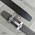 Dark gray leather belt with silver-tone rectangular buckle and keeper loops