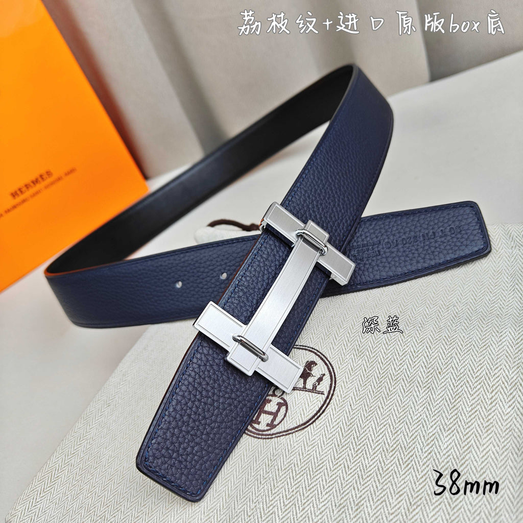 Blue leather belt with silver-tone H buckle, angled view.