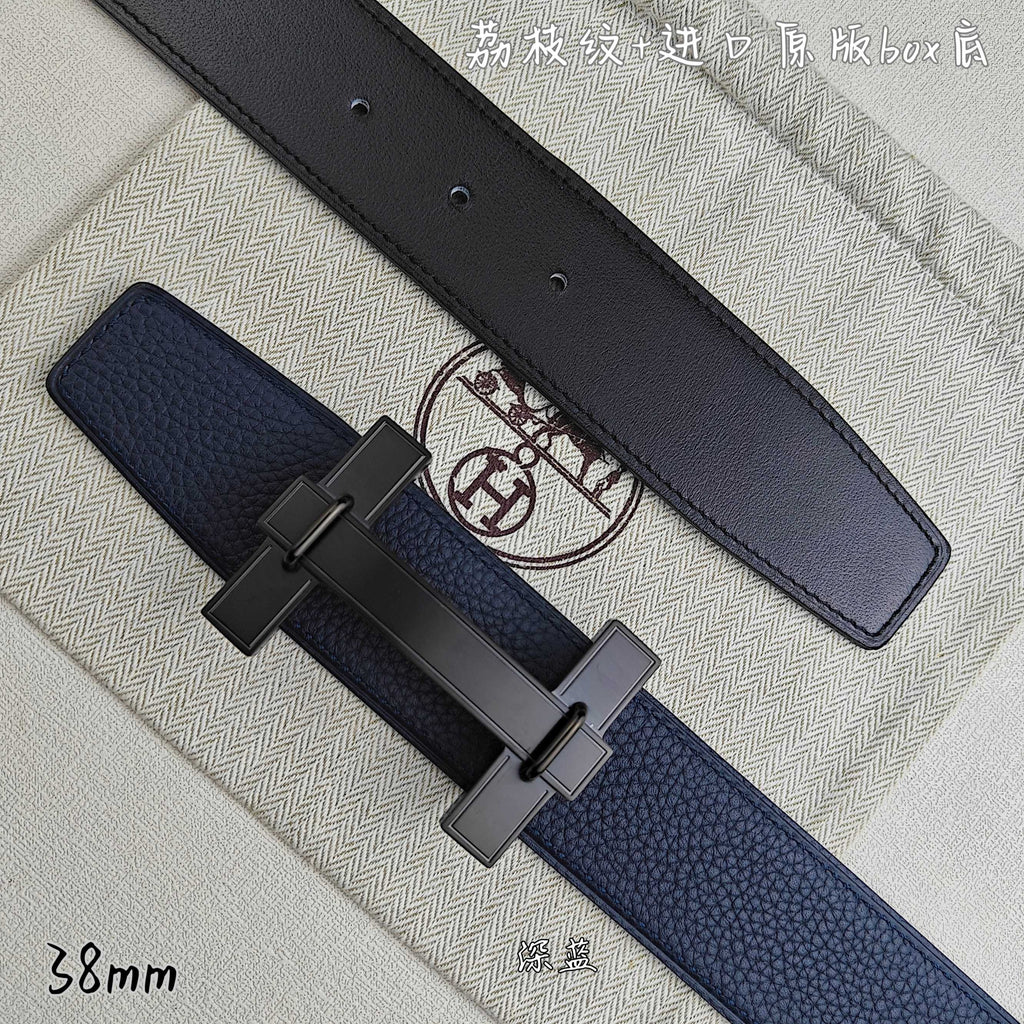 Blue and black leather belts with dark-tone H buckle, close-up side view.