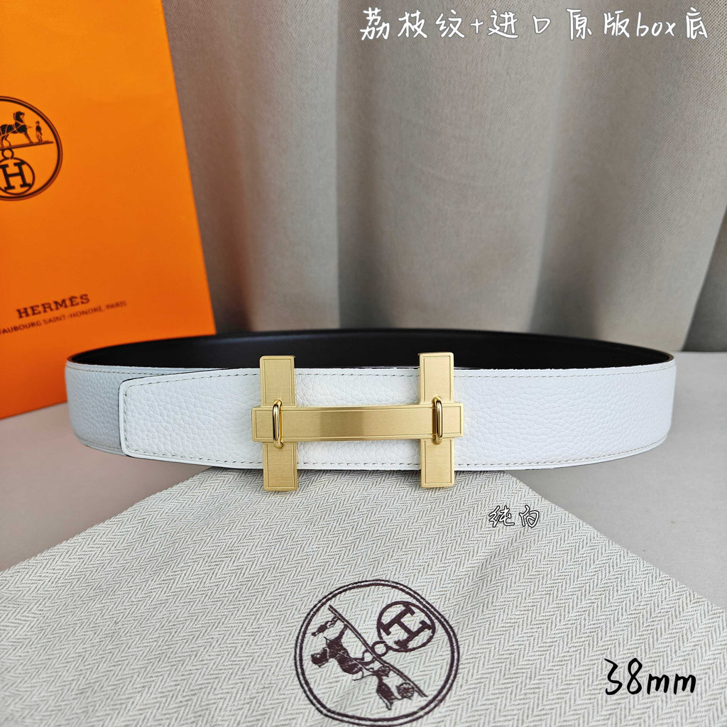 White leather belt with gold-tone rectangular buckle and double-bar frame.