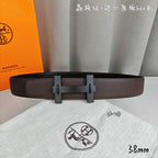 Hermes leather belt, dark brown with light gold double-prong buckle