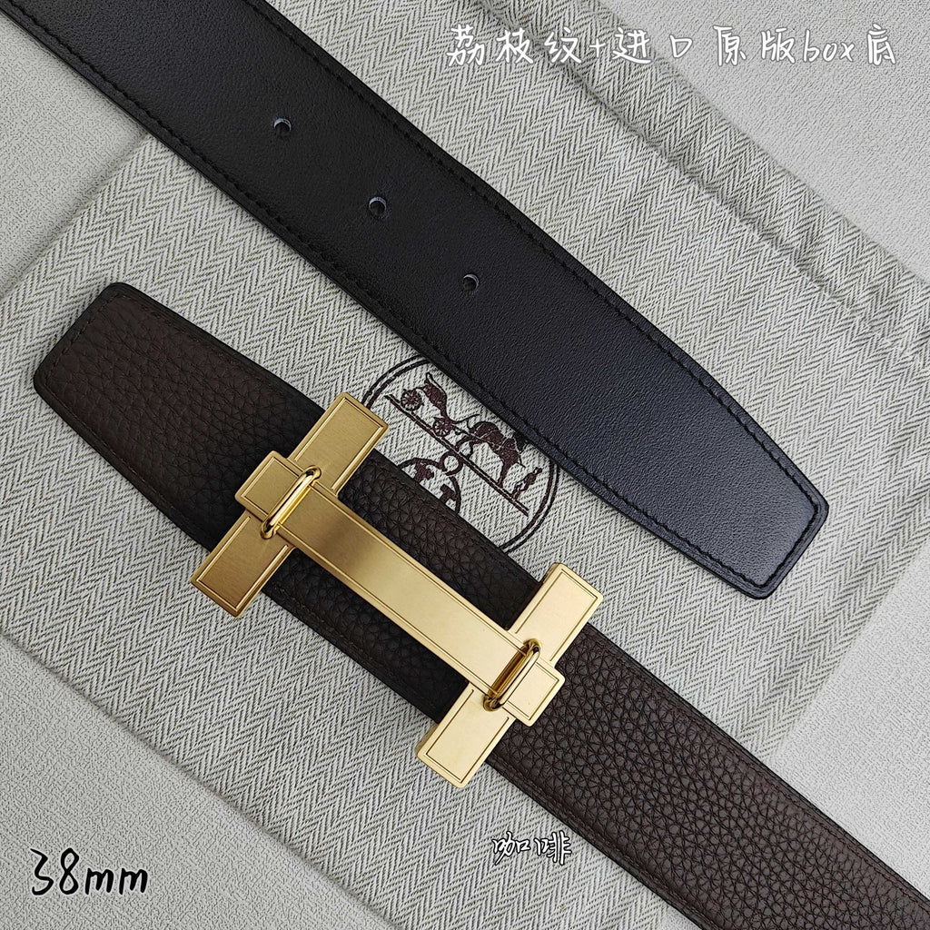 Leather belts pair: dark brown belt with gold buckle, dark belt with holes