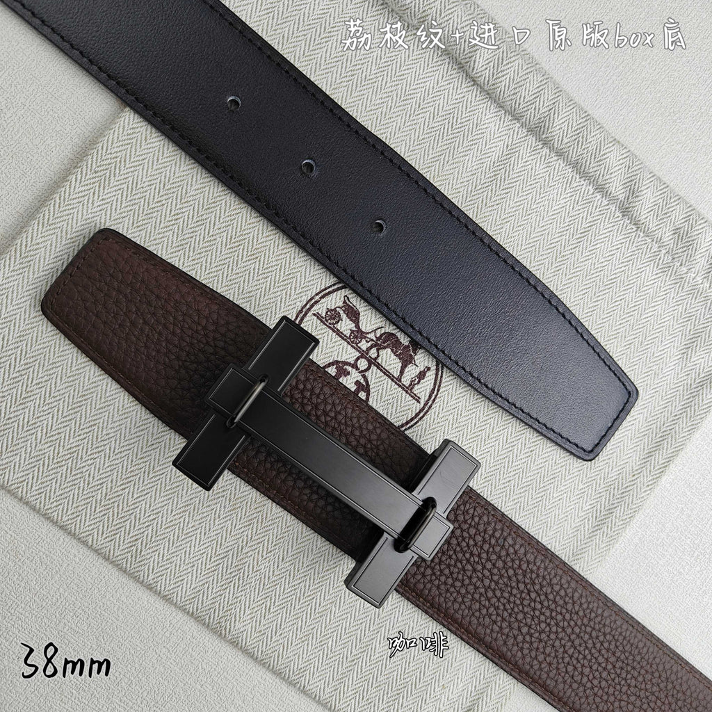 Leather belts pair: dark brown belt with black buckle, dark belt with holes