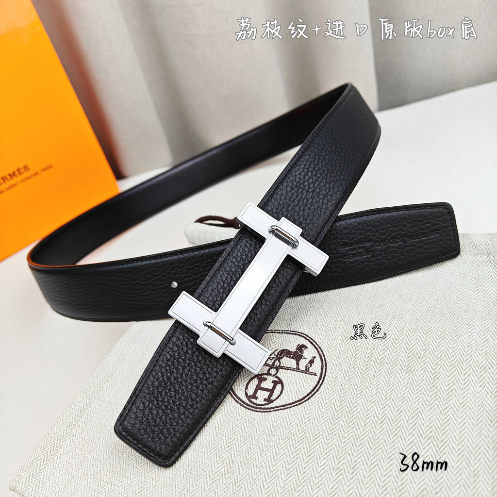 Leather belt with silver-tone H buckle and black strap