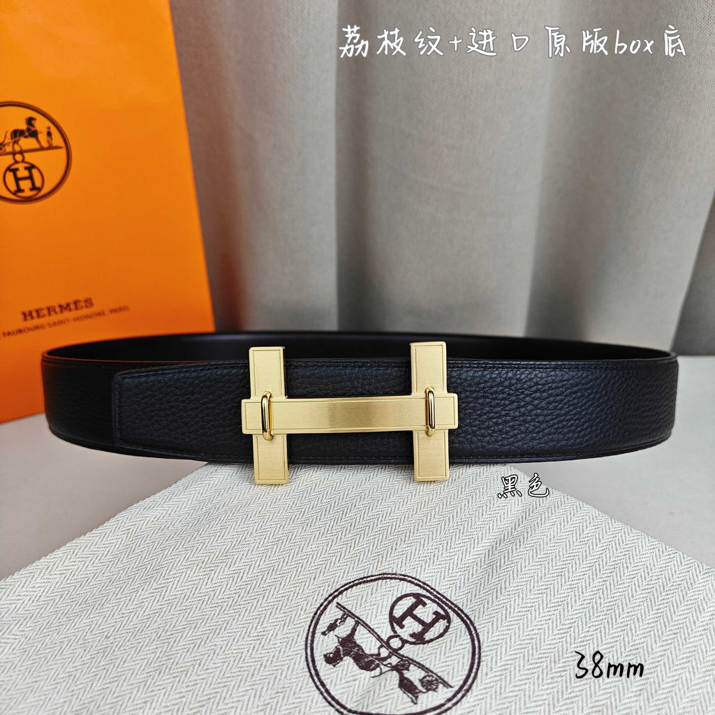 Leather belt with gold-tone rectangular buckle and dark strap