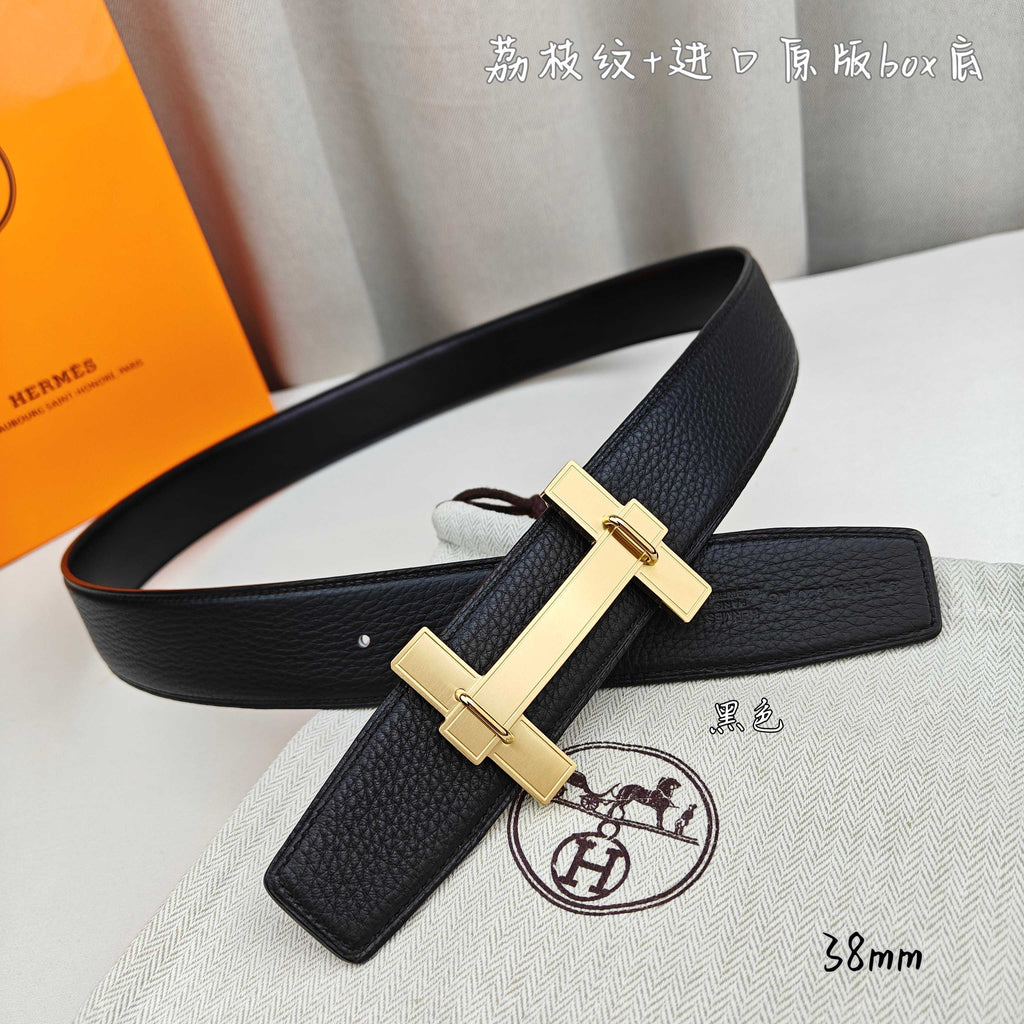 Leather belt with gold-tone H buckle and black strap