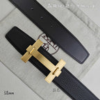 Leather belt detail: gold-tone H buckle on dark strap