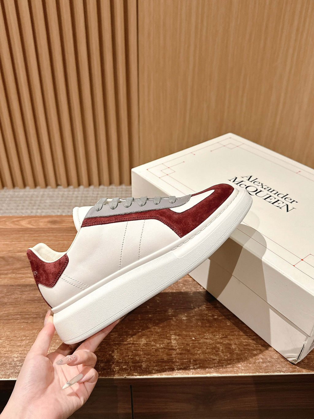 Alexander McQueen sneakers, white leather with burgundy suede panels and grey laces
