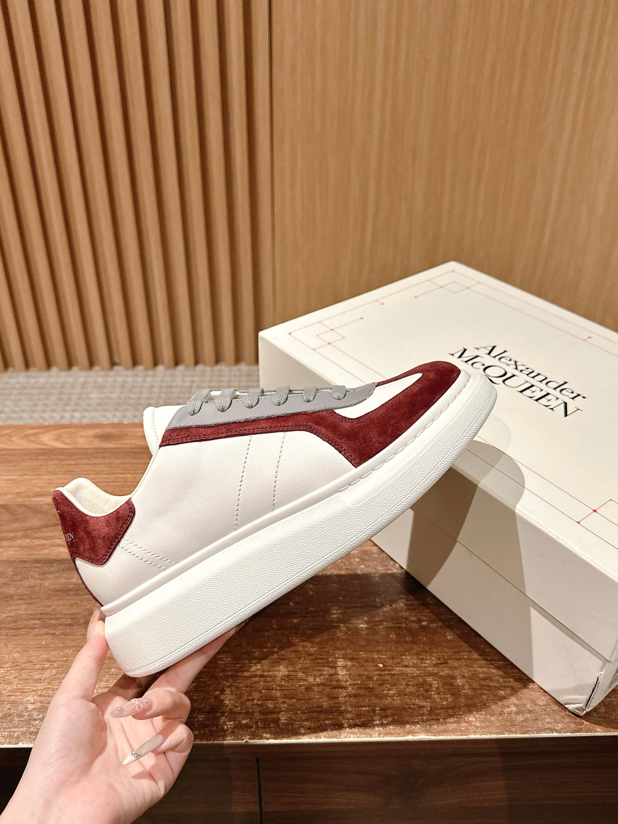 Alexander McQueen sneakers, white leather with burgundy suede panels and grey laces