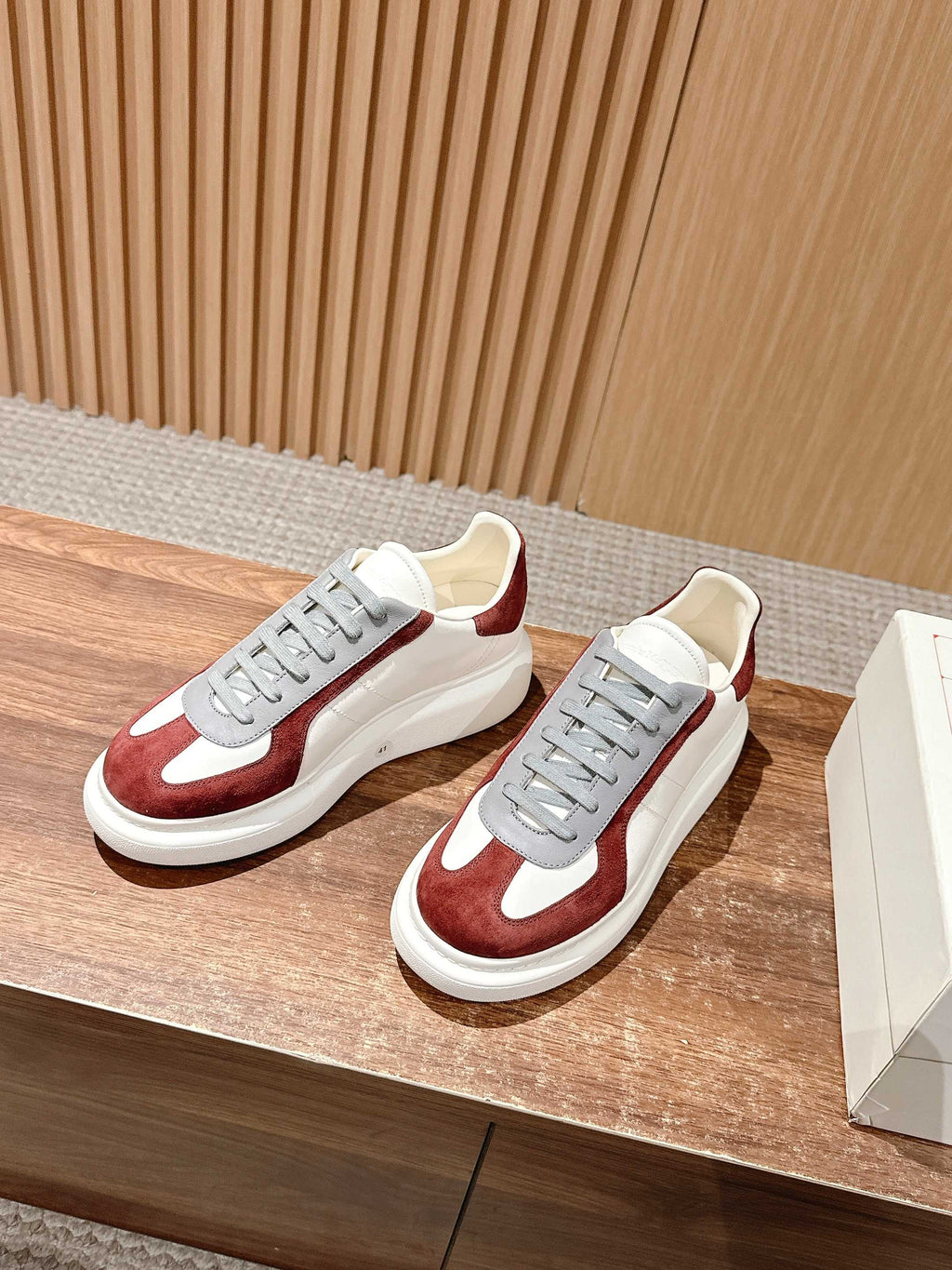 Alexander McQueen sneakers, burgundy and white colorblock with grey laces and white sole