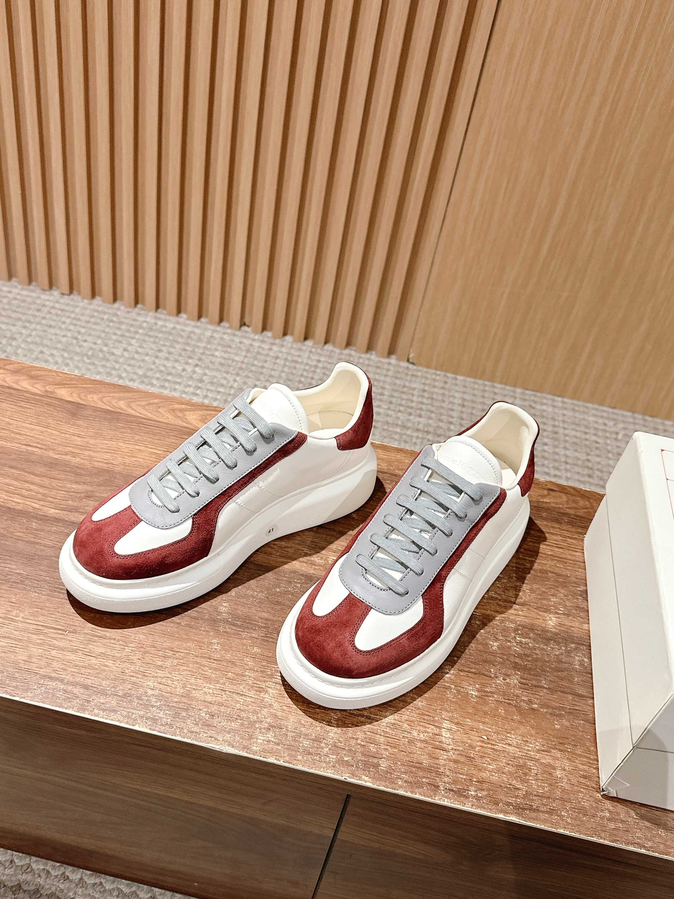 Alexander McQueen sneakers, burgundy and white colorblock with grey laces and white sole