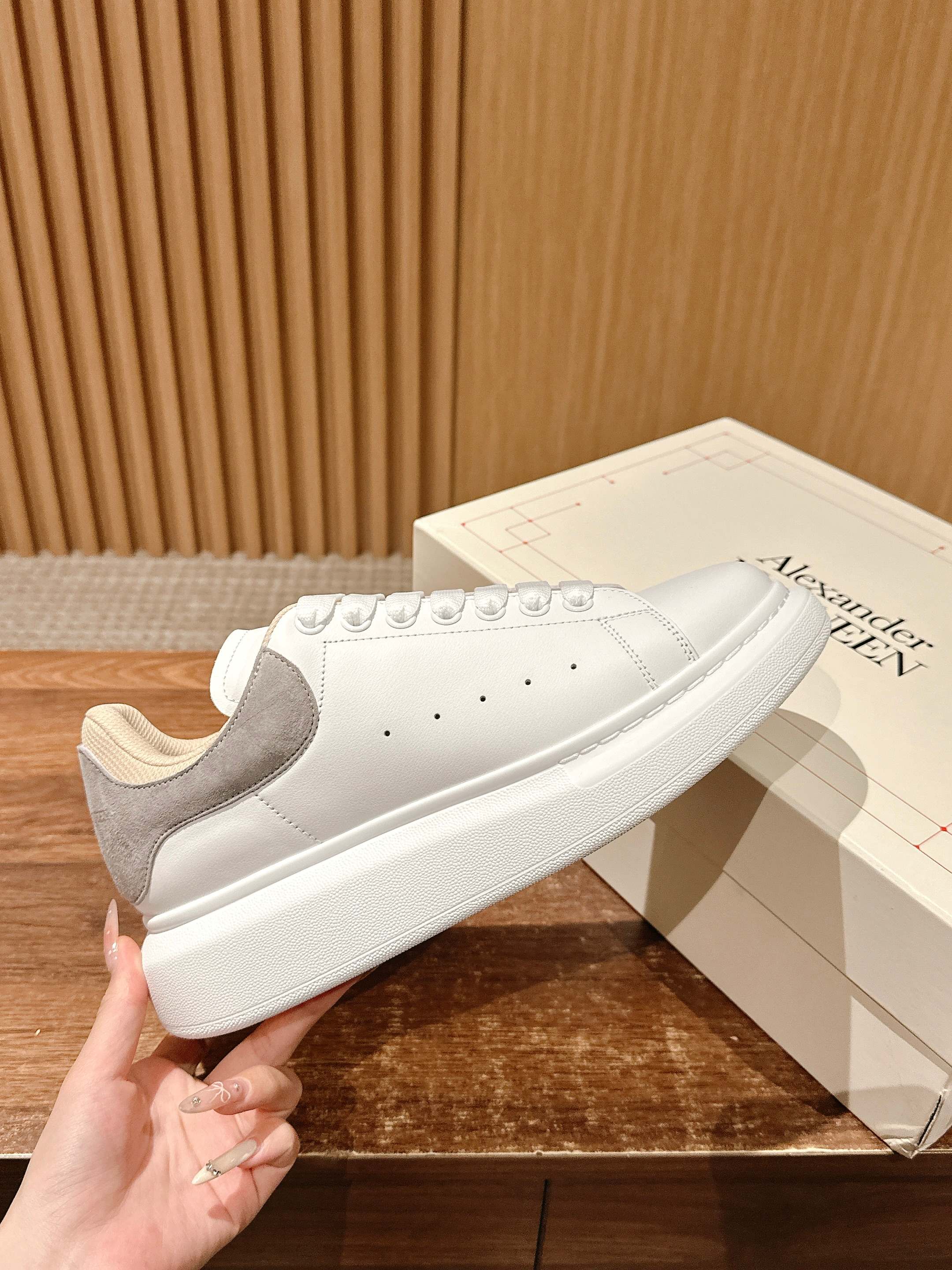 Alexander McQueen leather sneakers, white with gray heel panel and lace-up design