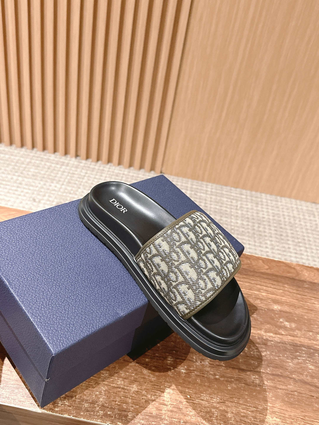 Black Dior slide sandal with beige Oblique wide strap on thick black sole