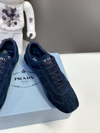 Navy suede lace-up sneakers with Prada Milano label on tongue