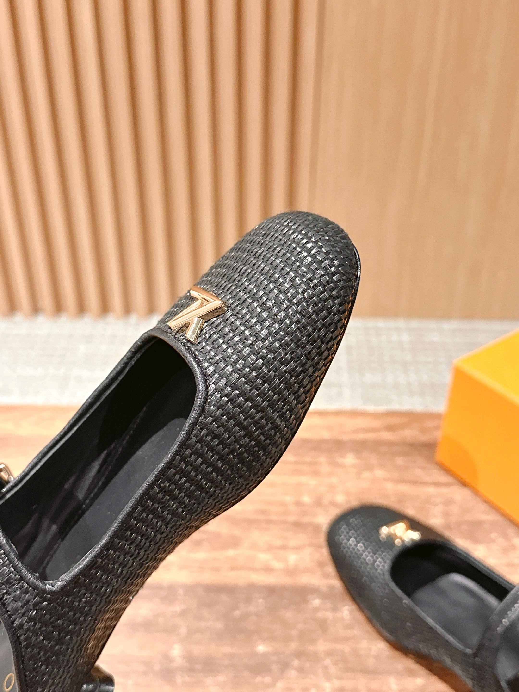 Louis Vuitton unisex black textured loafer flats with gold hardware, side view