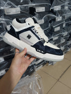 Amiri sneakers, navy/white colorblock, lace-up with woven emblem detail