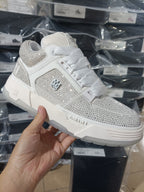 Amiri luxury shoes in white with rhinestone knit finish, lace-up front, flat sole