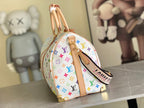 Men's Louis Vuitton duffel bag with round shape, multicolor monogram and tan trim