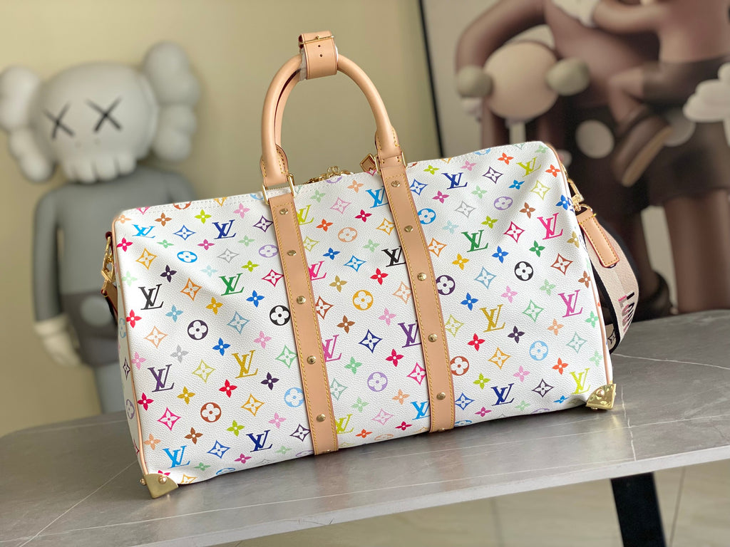 Men's Louis Vuitton duffel bag with top handles and multicolor monogram print