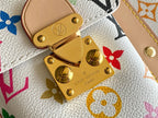 Men's Louis Vuitton monogram bag with gold clasp hardware and multicolor background