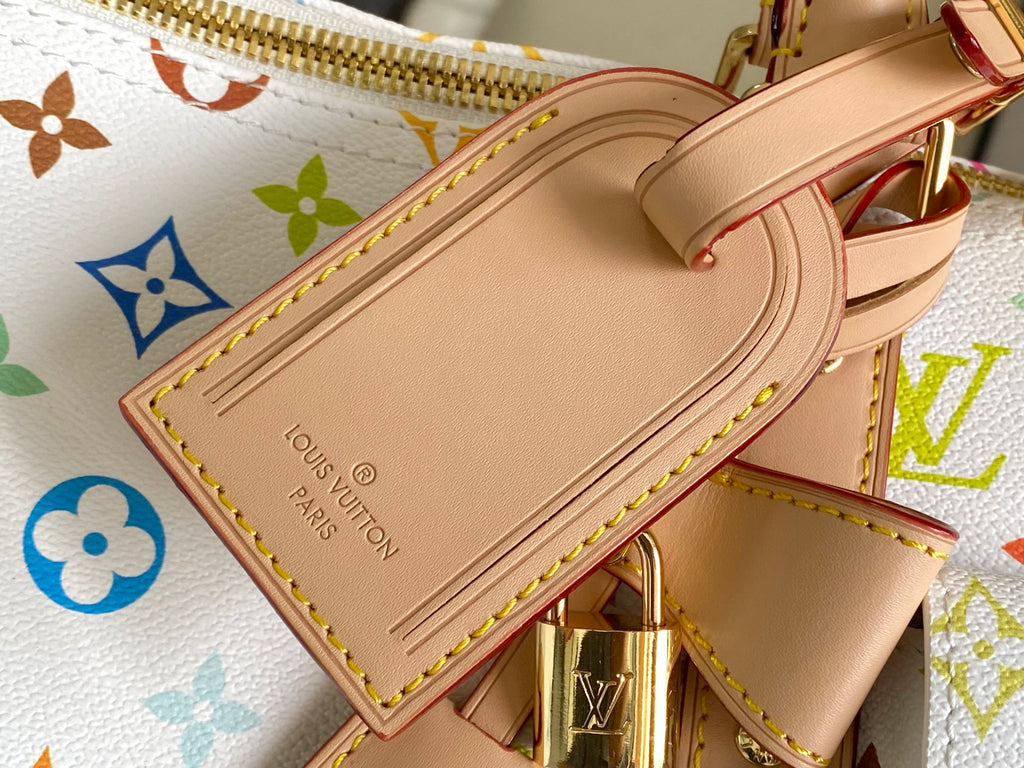 Men's Louis Vuitton tan leather panel on multicolor monogram bag with gold zipper
