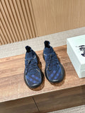 Burberry blue knit lace-up sneakers with check pattern and black rubber sole