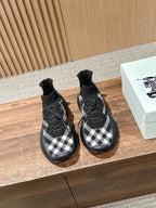 Burberry knit sneakers with black and white check upper, sock-style collar