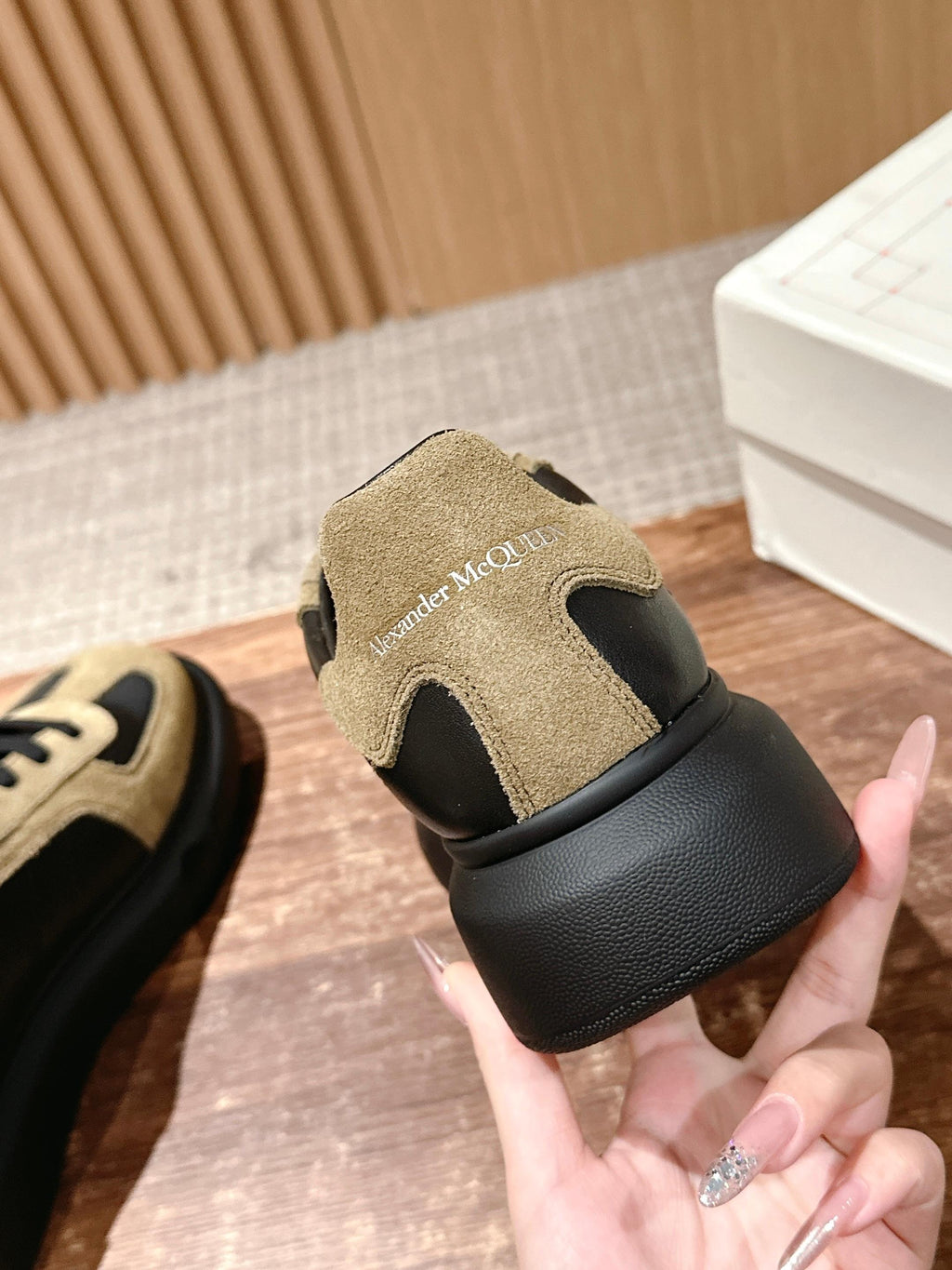 Alexander McQueen sneakers heel detail, tan suede with black rubber sole