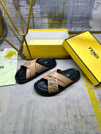 Tan Fendi sandals, crisscross strap with FF pattern, black platform sole
