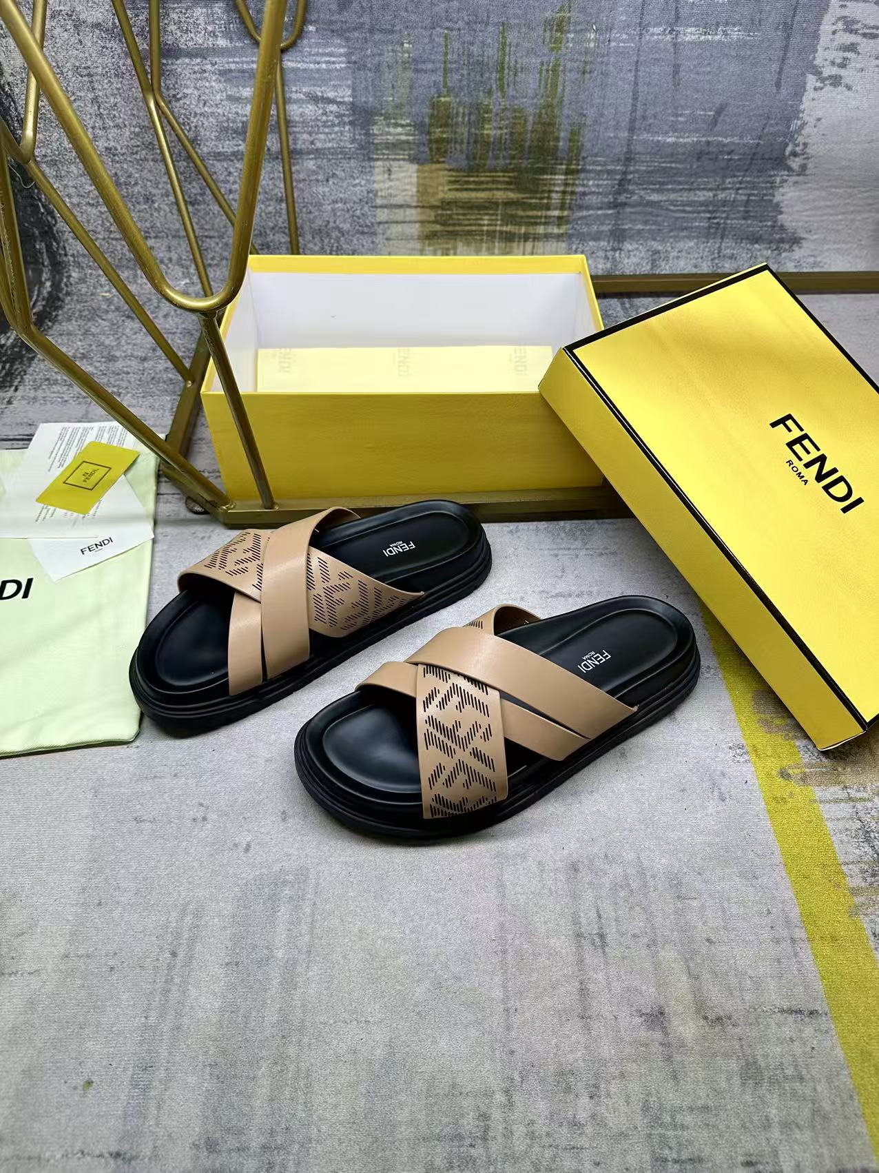 Tan Fendi sandals, crisscross strap with FF pattern, black platform sole