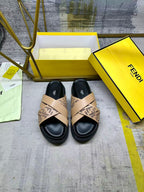 Fendi sandals with beige FF monogram straps and black padded footbed