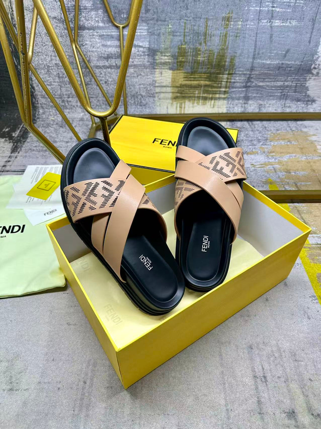 Fendi sandals with beige FF straps and black slide sole